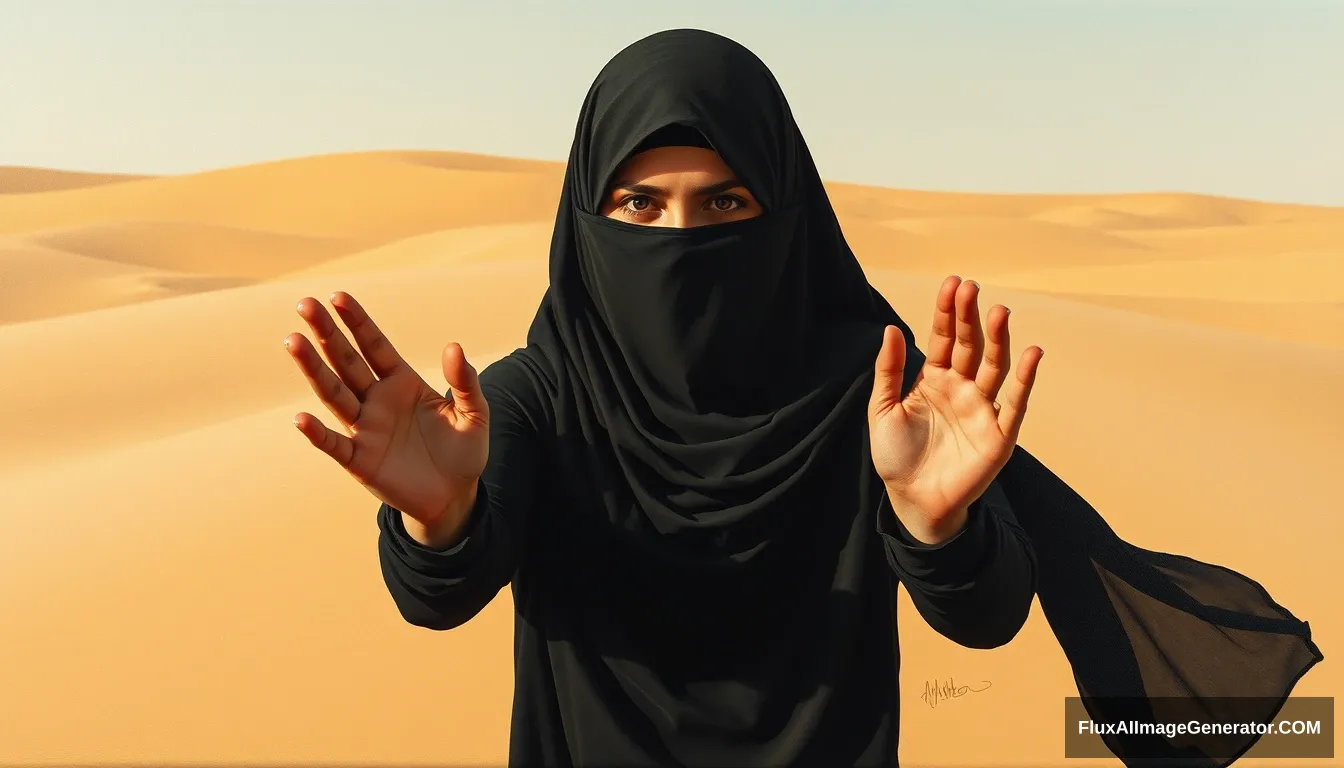 Woman alone, in the desert, palms covered by black cloth, wearing long niqab, neck covered by perfect hijab. realistic, full body, oil painting