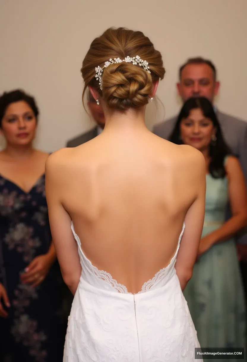 A young woman, sensitive, delicate, ashamed, wearing a backless strapless low-waisted wedding dress, in front of family.