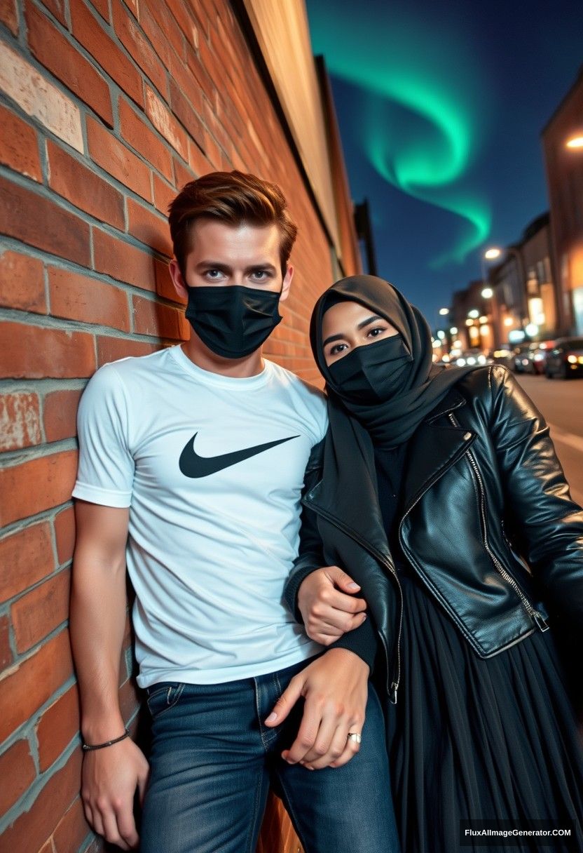 Jamie Dornan, tall and handsome, wearing a black face mask, a white Nike t-shirt, and jeans, is dating a lovely romantic hijab-wearing Muslim girl with beautiful eyes. She has a black face mask and is wearing a leather jacket, along with a very long and large skirt, though she is not tall. They are laying against a brick wall in town, captured in a photorealistic style. The scene is street photography, featuring full photography and selfie photos, set against a night background with an aurora. - Image