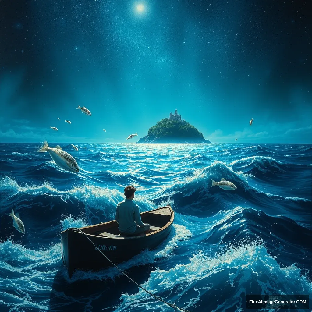 In "Life of Pi," the vast sea is the main scene. The waves rise and fall, and the sunlight spills on the sea, creating a sparkling effect. The mysterious island looms in the distance, with lush vegetation and full of unknowns. Glowing marine creatures swim around, some like twinkling stars and some like gorgeous ribbons. At night, the sky is full of stars, contrasting with the fluorescence on the sea surface. Young Pi sits alone on the lifeboat, surrounded by the endless blue, yet full of wonders and mysteries. Ultra-detailed, high-quality image, hyper-realistic, sharp focus, professional majestic oil painting, trending on ArtStation, trending on CGSociety, intricate, high detail, dramatic, photorealistic painting art by Midjourney and Greg Rutkowski.