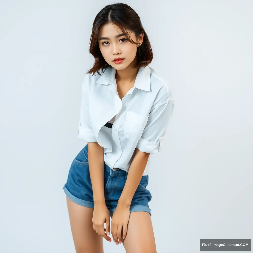 A photo of a pretty young Korean model, in a white buttoned shirt and blue shorts, full body portrait, leaning forward.