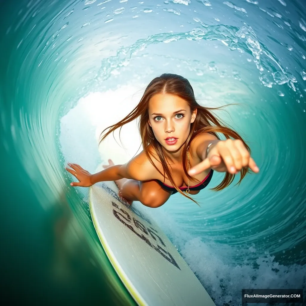 Create an image of a brunette girl with green eyes and long hair surfing a 7-meter tube wave.