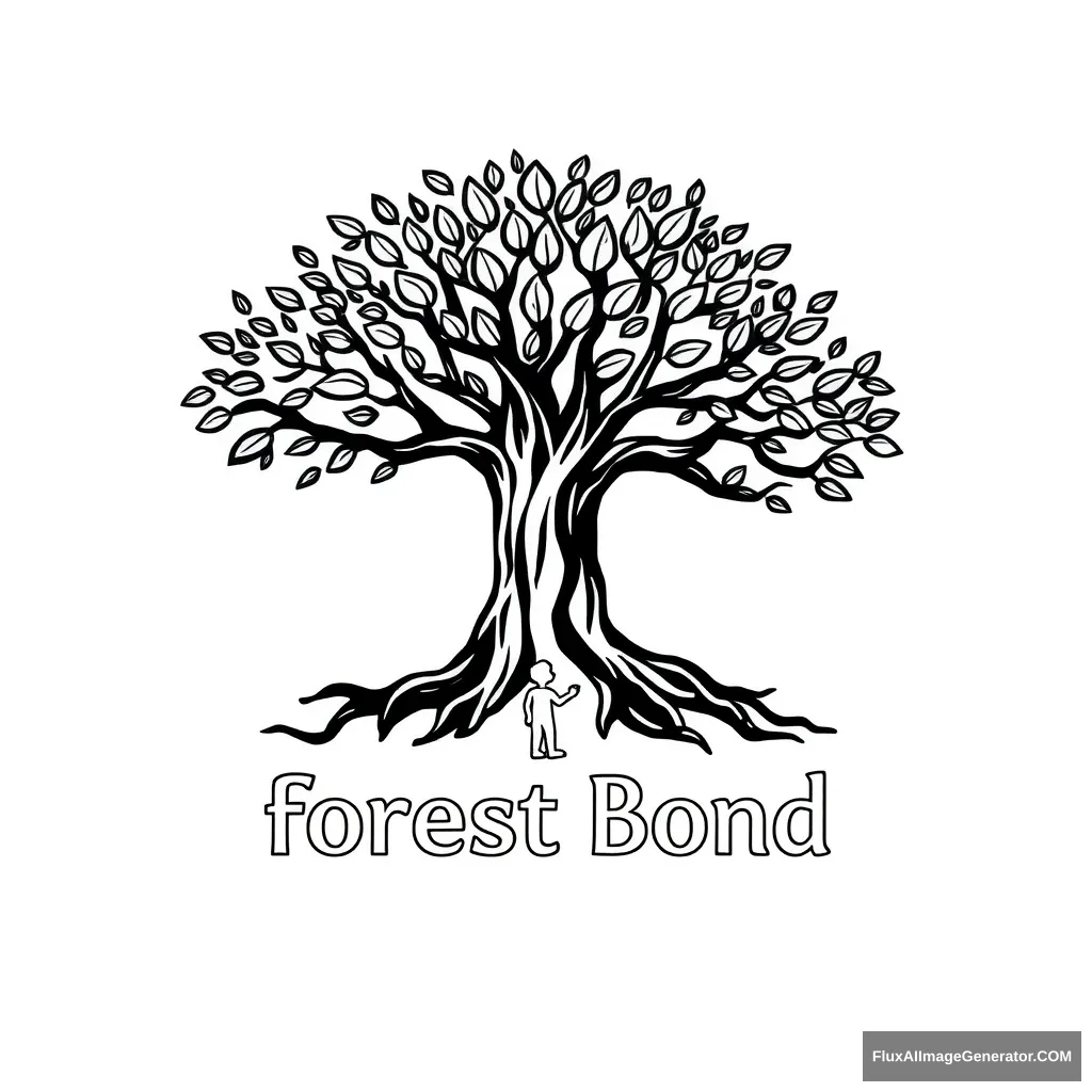 It's a logo for an app called forestbond. It's a tree in the shape of a woman spreading its branches with a lot of leaves. It gives the impression of deep and solid roots. Draw it in a reverent way and write the words Forest Bond underneath. It should have a serious feel to it. Don't overlap the drawing and text. Make it look like a child is under the tree looking up at it. Draw the whole thing in black on a transparent background. - Image