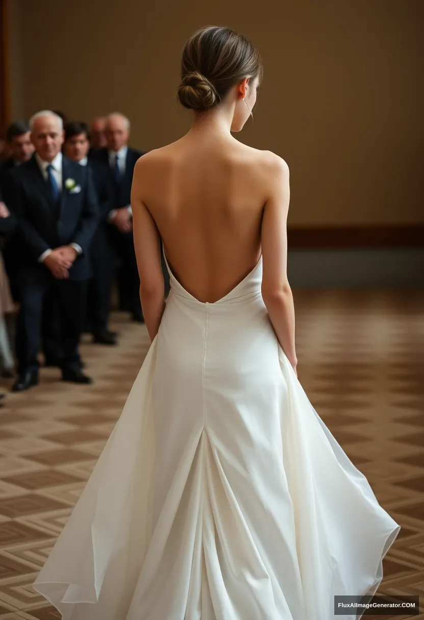 A short young woman, sensitive, delicate, backless strapless side-less low-waisted contouring wedding dress with a breezy loose open back spilling open to the sides, that seems like it was intentionally left undone. Before the council of fathers. Expectations. Perfect posture. Pale skin.