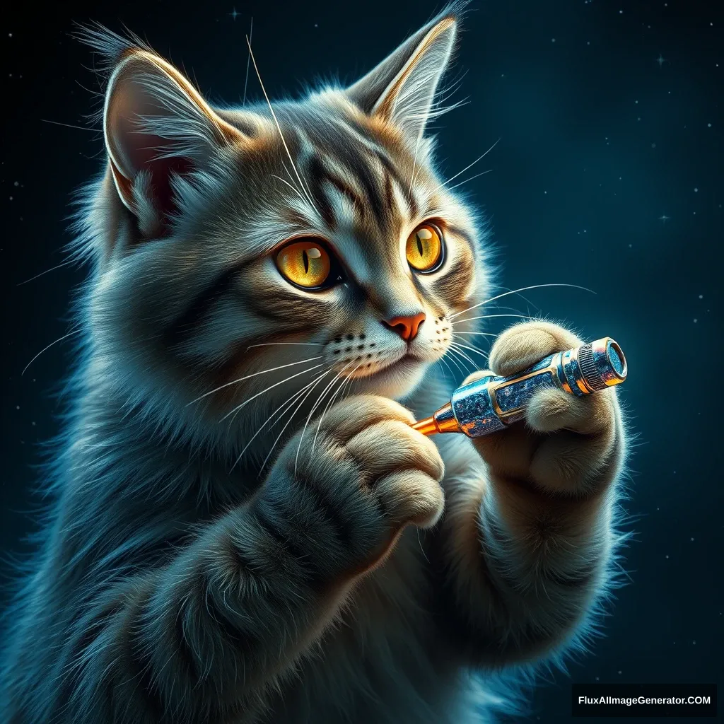 A hyper-realistic cosmic feline mechanic, fur glistening with stardust, meticulously repairs an azure Earth-like planet. Golden eyes focused, paws deftly wield an iridescent quantum screwdriver. Suspended in the velvet void of space, the scene exudes determination and hope for universal harmony. - Image