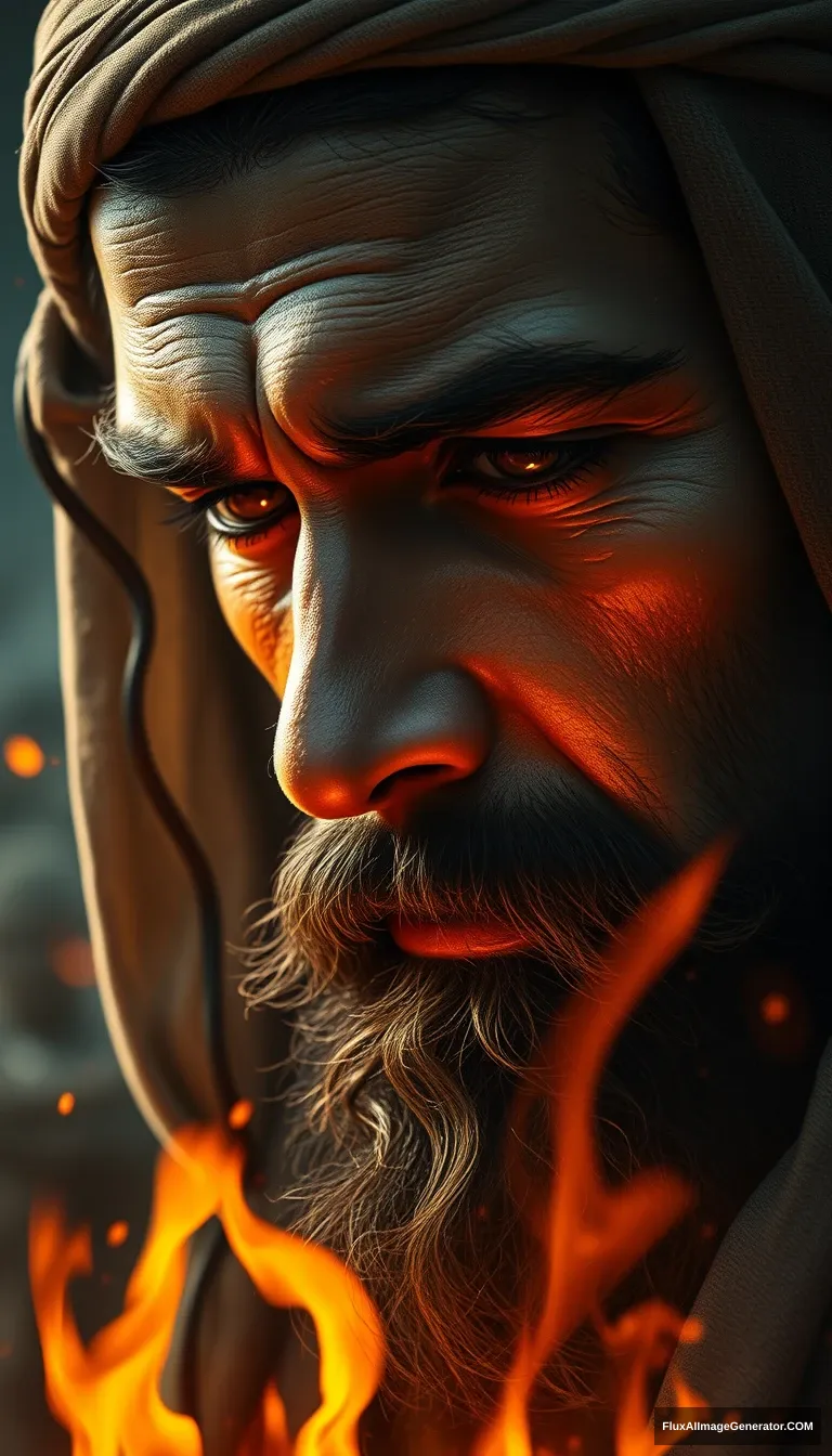 A close-up of Prophet Ibrahim's face, serene and unwavering, as he is thrown into the fire. Cinematic, dramatic, detailed, digital painting. Keywords: Prophet Ibrahim, faith, courage, determination.