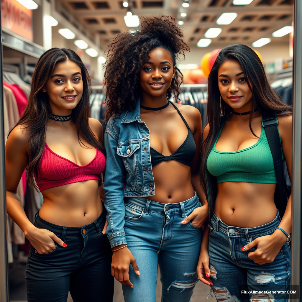 Three skinny, big-chested female college students, each from different ethnic backgrounds, trying on rave clothing in a store. - Image