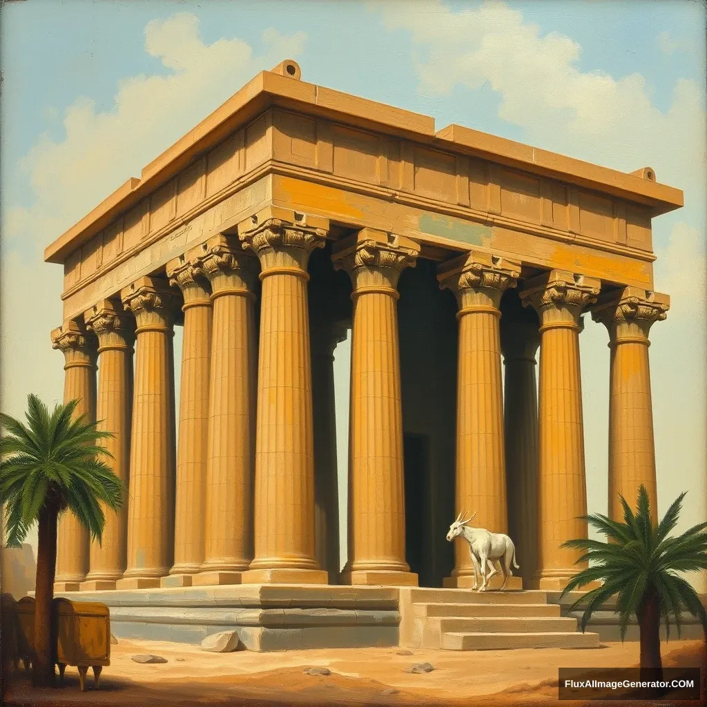 An old oil painting of an Egyptian temple.