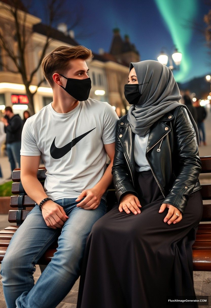 Jamie Dornan, tall, young, wearing a black face mask, a white Nike T-shirt, and jeans, is dating a beautiful Muslim girl in a grey hijab with striking eyes, who is also wearing a black face mask and a leather jacket, along with a very long and large skirt. She is not a tall girl. They are sitting together on a park bench, looking at each other with love, in a town setting with strangers in the background. The scene is photorealistic, resembling street photography, selfie photos, and is set at night with the aurora borealis visible.