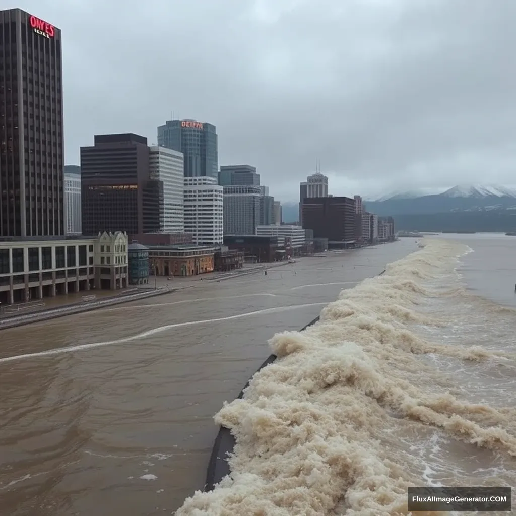 A photo realistic picture of downtown Denver flooded by a tsunami. - Image