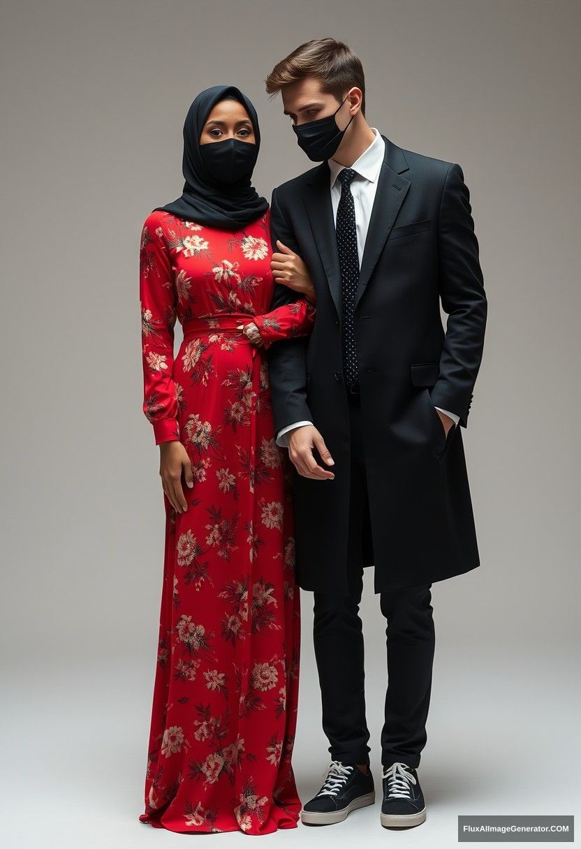 A big black hijab girl, beautiful eyes, black face mask, wearing the longest red floral dress, not tall, standing near him, affectionately holding his arm.

A shot of Jamie Dornan’s body and face, handsome, youngest, wearing a black face mask, fit and tough body, black coat suit, white shirt, black patterned tie, tall man, wearing sneakers, love standing near her.

Hyper-realistic, studio photography, photorealistic. - Image