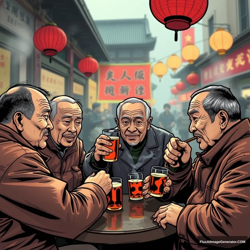 Comic style, Chinese men in their 50s gather to drink together in the middle of China.