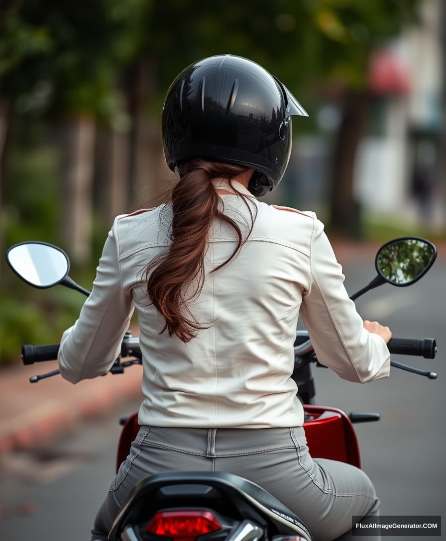 "A woman riding a motorcycle, viewed from behind, Chinese, wearing light-colored riding gear, racing, rear shot." - Image