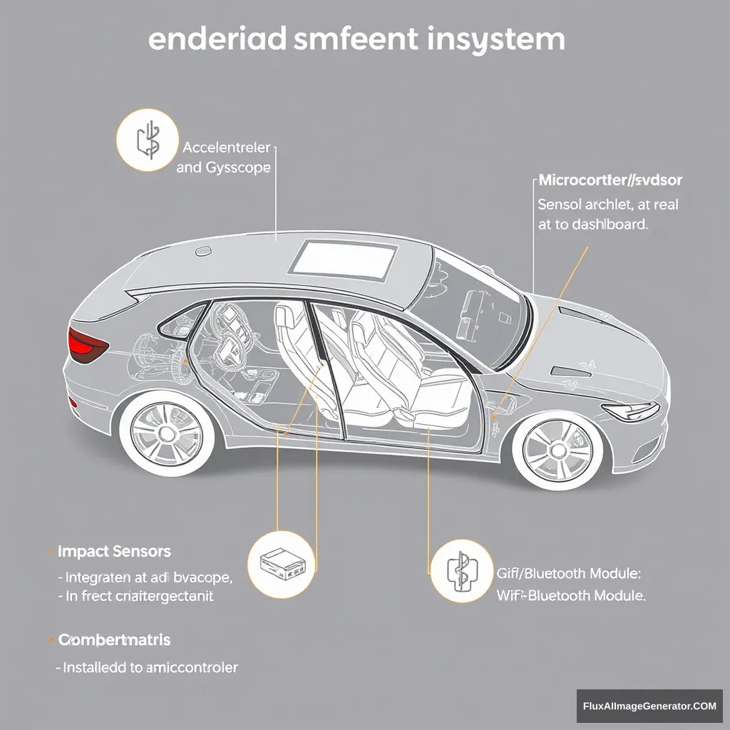 Create a detailed sketch of a car equipped with an advanced accidental alert system, focusing on the specific installation locations of the following hardware components:

Microcontroller/Processor:

Installed under the dashboard  
Accident Detection Sensors:

Accelerometer and Gyroscope: Integrated into the vehicle’s central control unit or under the dashboard.  
Impact Sensors: Placed at the front, rear, and sides of the vehicle.  
Communication Modules:

GSM/LTE Module: Installed under the dashboard  
Wi-Fi/Bluetooth Module: Integrated with the microcontroller. - Image