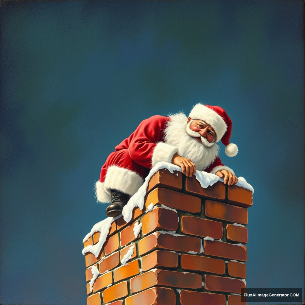 Santa squatting on top of a chimney, grunting as he holds on to the top edge, a painting by Authur Sarnoff. - Image