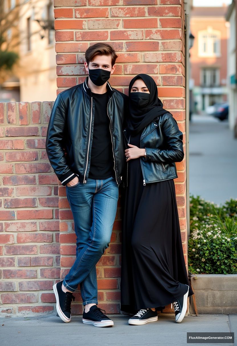 Jamie Dornan, handsome, young, black face mask, collage jacket, jeans, dating a beautiful Muslim girl in a black hijab with beautiful eyes, wearing a black face mask, black leather jacket, sneakers, the longest skirt standing and lying against a brick wall, town, morning scenery, photorealistic, street photography.