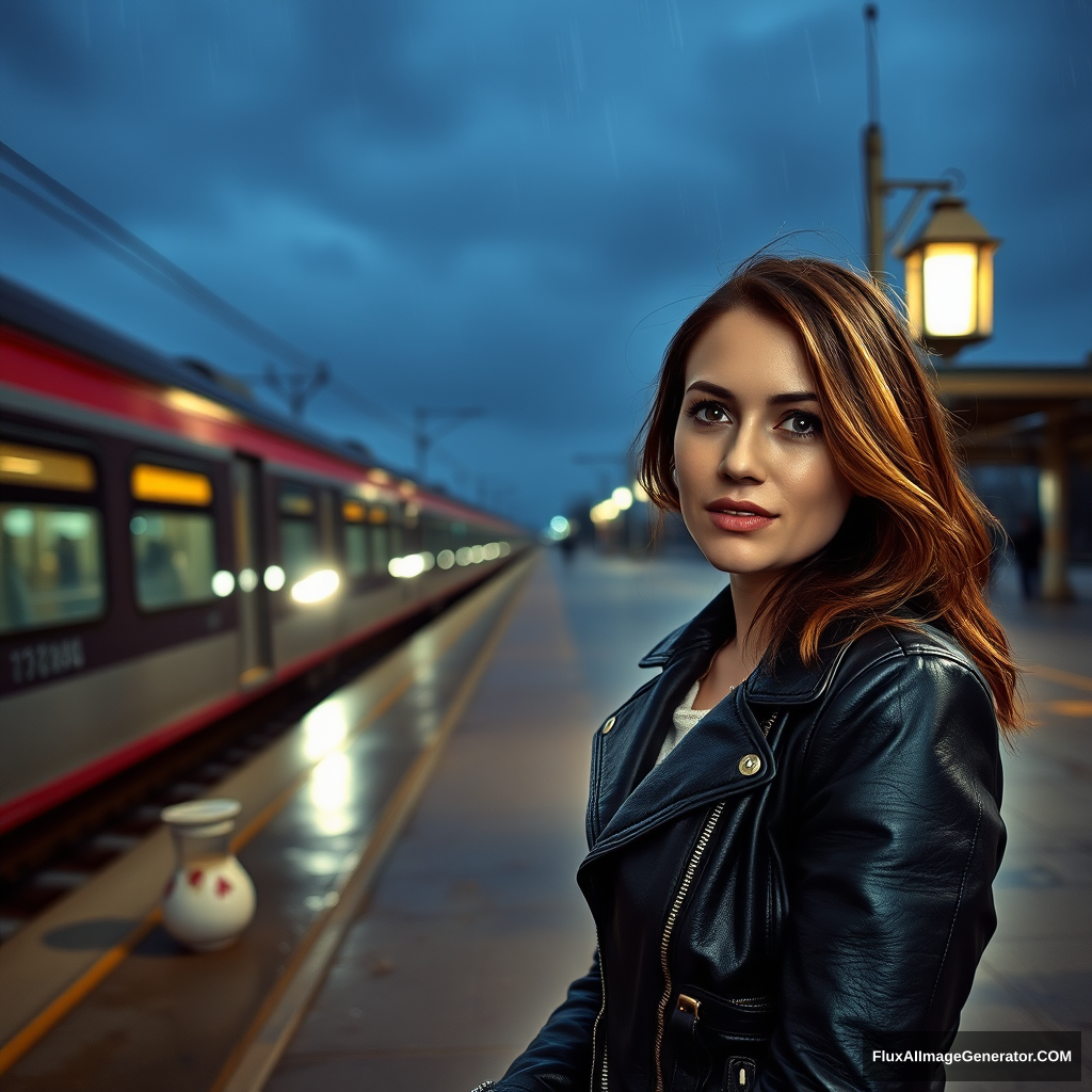 A 30-year-old woman wearing a black leather jacket is standing on a train station platform, tears flowing from her eyes as she waves goodbye to the moving train. Her face is sad and gloomy. The dark sky looms on a cold morning, and rain taps on windshields. With her lip quivering, she wears a bitter smile. The train platform is illuminated by a pale lantern. An abandoned station serves as a backdrop for a sad farewell.