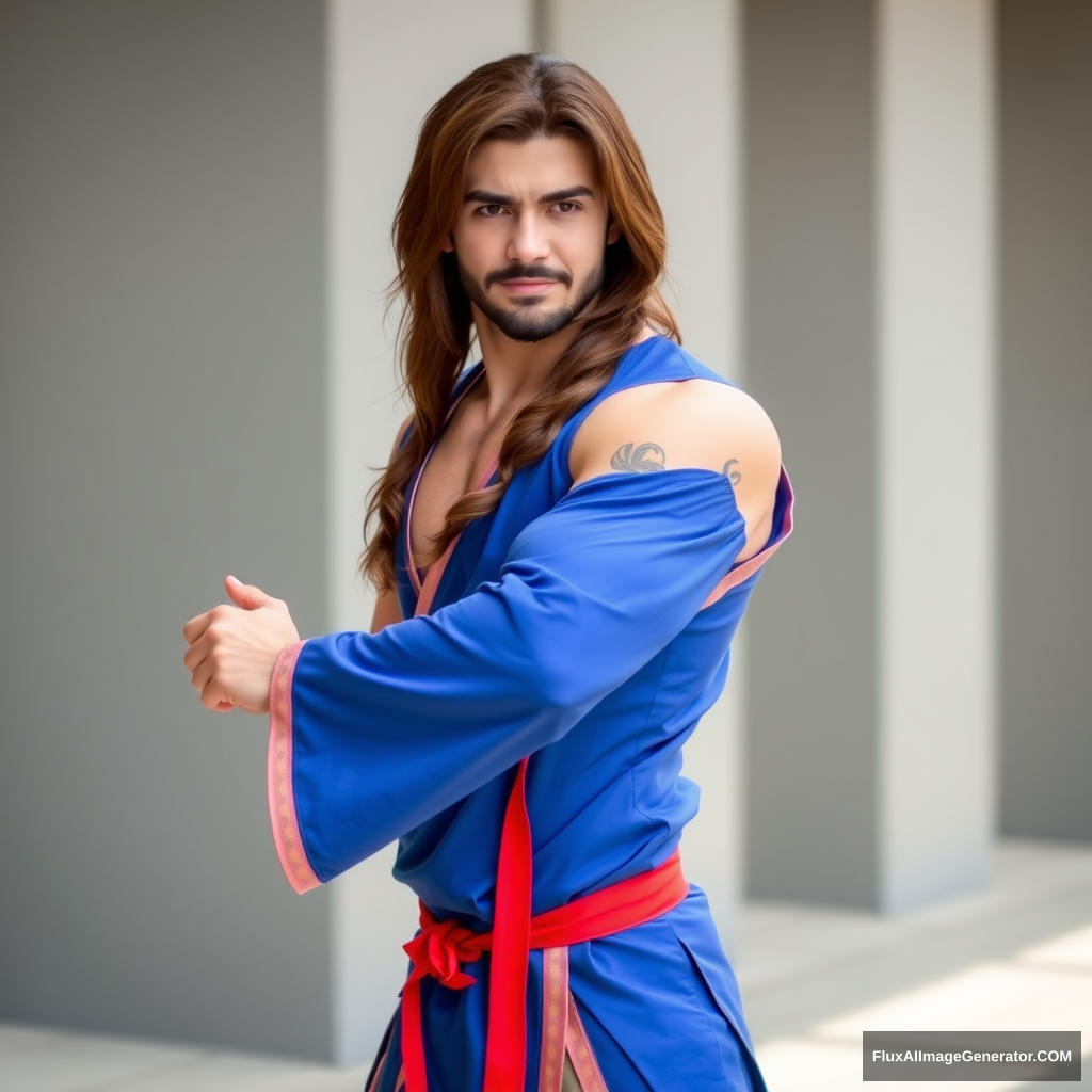 Full body picture of a long brown-haired and short-bearded guy cosplaying as Chun-Li from Street Fighter. - Image