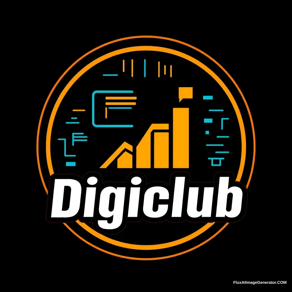 Create a classic, clunky logo for Digiclub, a YouTube channel focused on digital marketing and SEO. The logo should: - Incorporate a combination of digital and marketing elements (e.g., pixels, screens, charts, or graphs) - Feature a bold, dark color scheme (e.g., blues, oranges, or yellows) - Include the channel name 'Digiclub' in a clean, sans-serif font - Be scalable for various formats (e.g., YouTube thumbnails, social media profiles, and website headers) - Convey a sense of innovation, amateur, and isolation. Design a logo that appeals to digital marketers, entrepreneurs, and anyone interested in growing their online presence. - Image