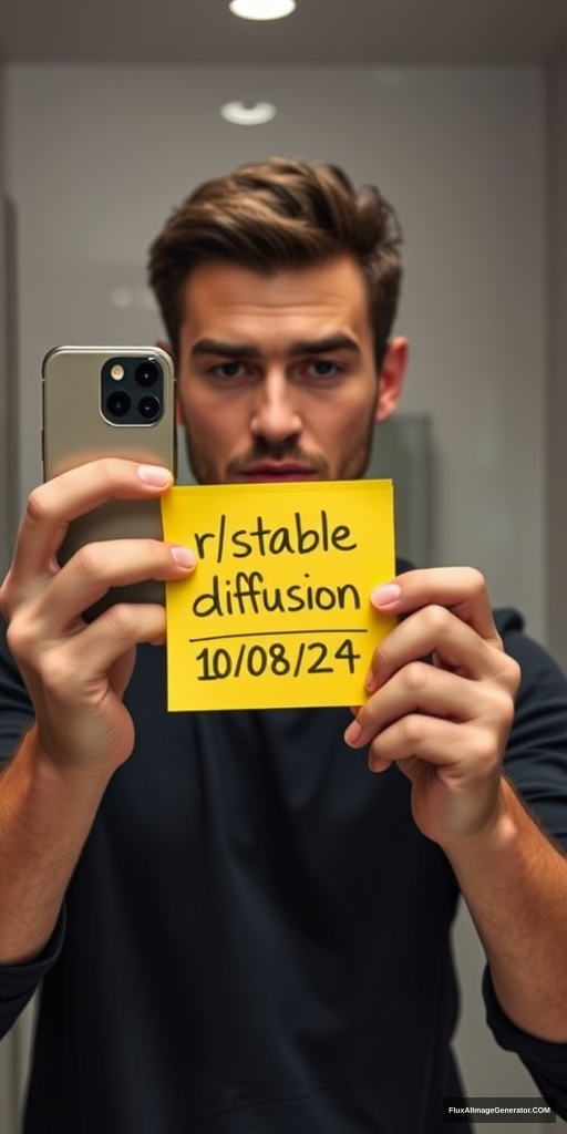 Man in a meticulously detailed bathroom, capturing a mirror selfie with the latest iPhone. He's holding a vibrant yellow post-it note displaying "r/stablediffusion" and "10/08/24". Hyper-realistic style with precise lighting, reflections, and textures. Verification-style composition, natural color palette. Subtle tension in expression, modern tech-savvy atmosphere.