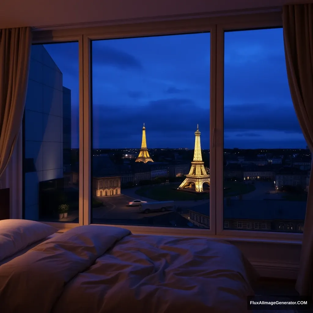 big glass window, bedroom scenery, midnight in France, - Image