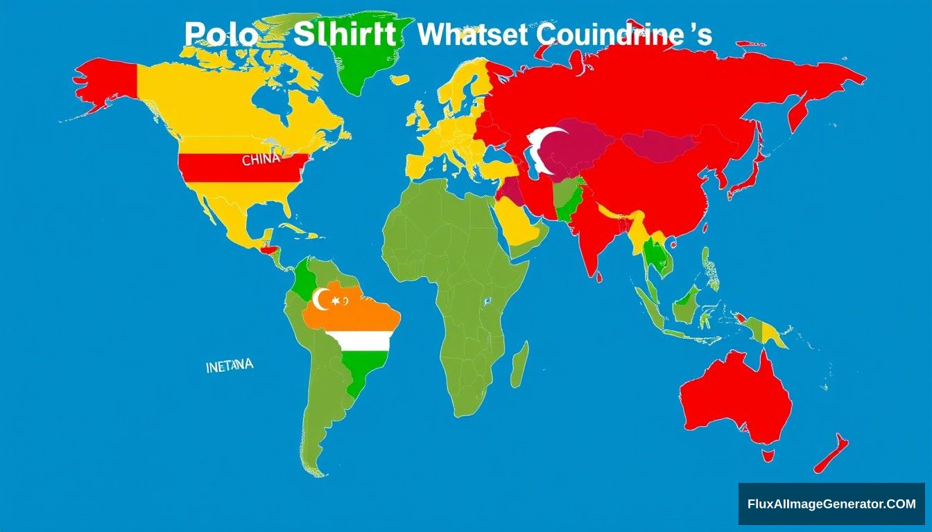 World map, highlighting major polo shirt manufacturing countries: China, Bangladesh, Vietnam, India, Pakistan, Turkey, Honduras, El Salvador, Guatemala, Mexico, Sri Lanka, United States (mentioned in context of nearshoring), Cambodia, Myanmar, Ethiopia, Kenya.