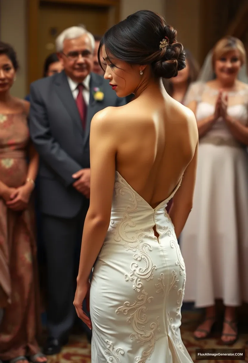 A short young woman, sensitive, delicate, ashamed, wearing an off-shoulder backless strapless side-less low-waisted open-back contouring wedding dress that's starting to come undone, in front of elder patriarchy, expectations, anticipation. - Image