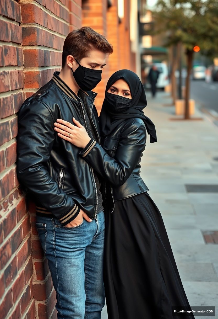 Jamie Dornan, handsome, young, black face mask, collage jacket, jeans, dating a beautiful, romantic Muslim girl in a big black hijab with beautiful eyes, wearing a black face mask, black leather jacket, and a large skirt, standing and laying by a brick wall, in town, morning scenery, photorealistic, street photography.