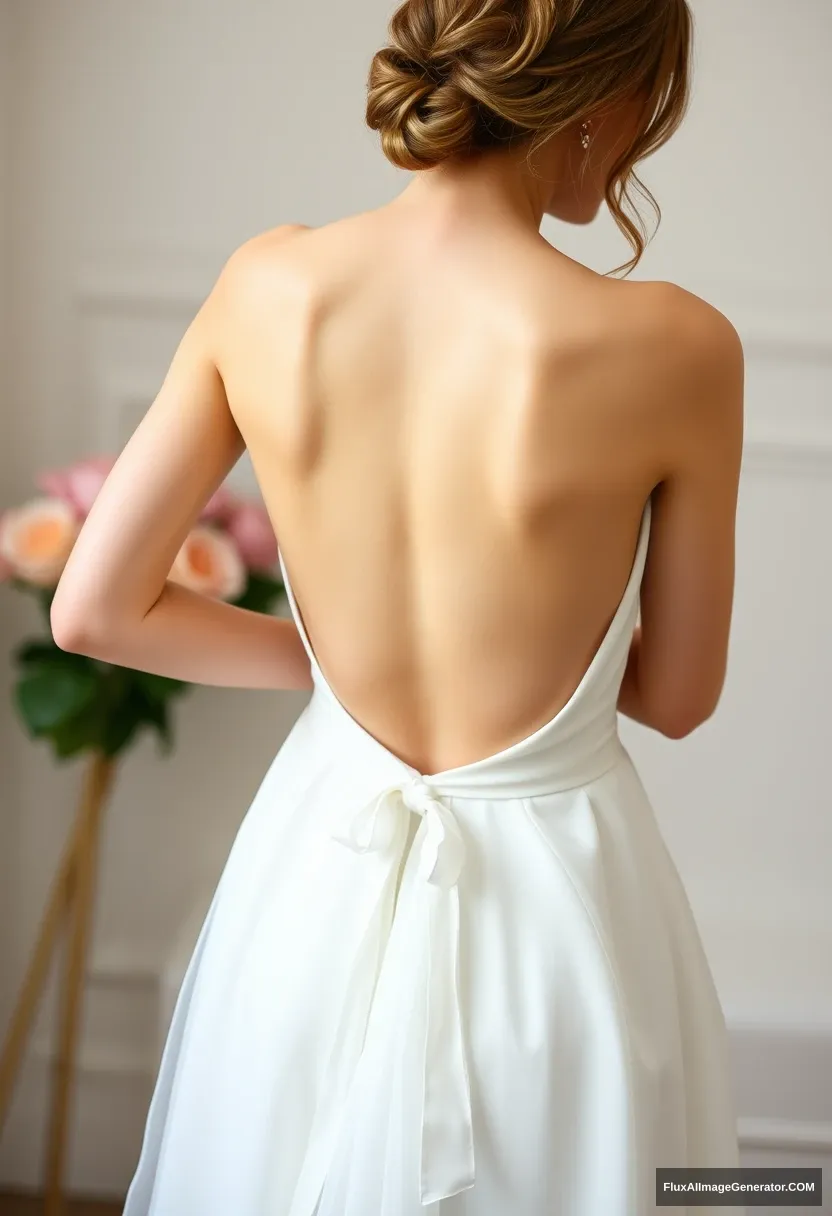 a young woman, sensitive, delicate, ashamed, backless strapless low-waisted wedding dress