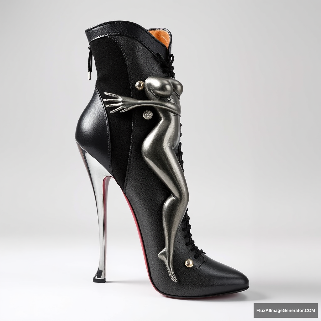 A high-fashion stiletto boot with a unique heel that represents a metallic sculpture of an entire woman's body in an artistic and sexy pose, which embraces the boot's body. Intricate details, leather, suede parts, nails, lace. - Image