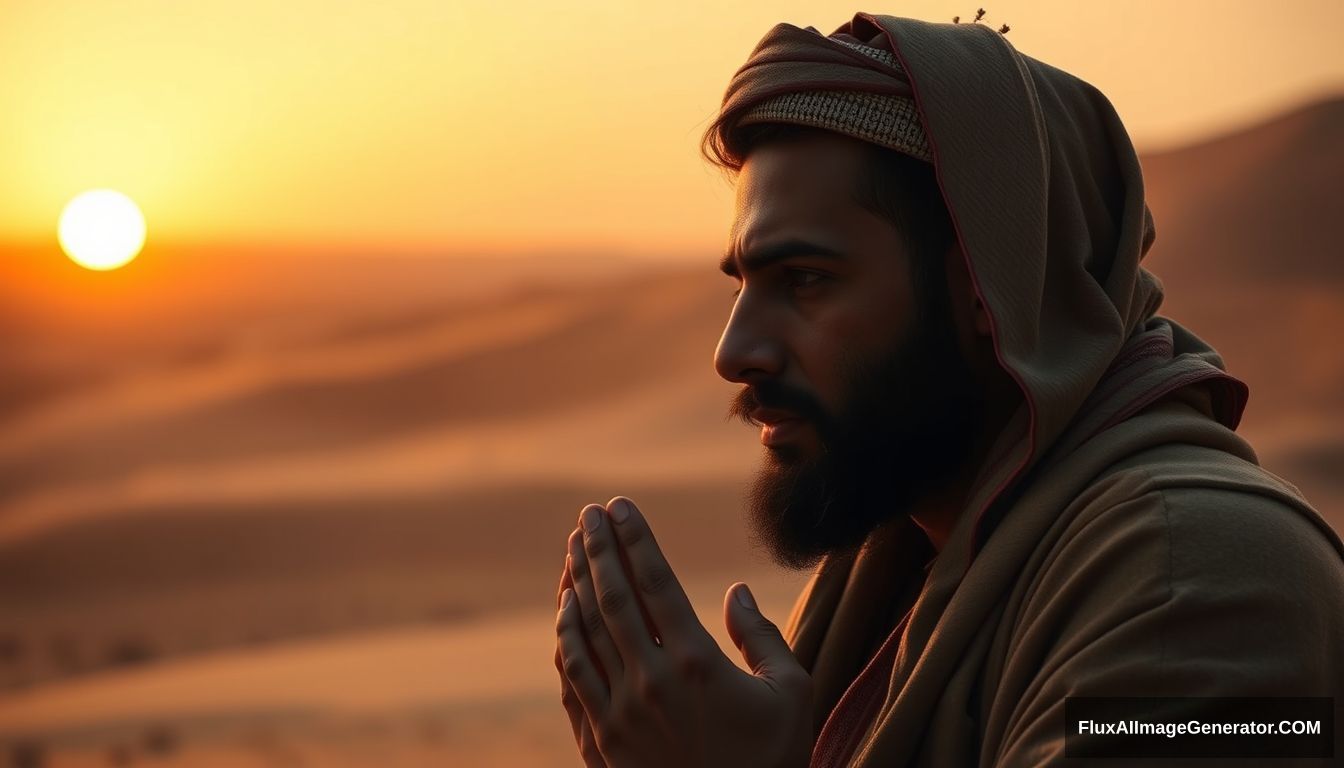 Tamim ad-Dari in deep thought and prayer, reflecting his journey from a non-Muslim to a devout follower of Islam. The background is a serene desert landscape at sunset. Ultra HD, realistic, spiritual, with warm and cinematic lighting.