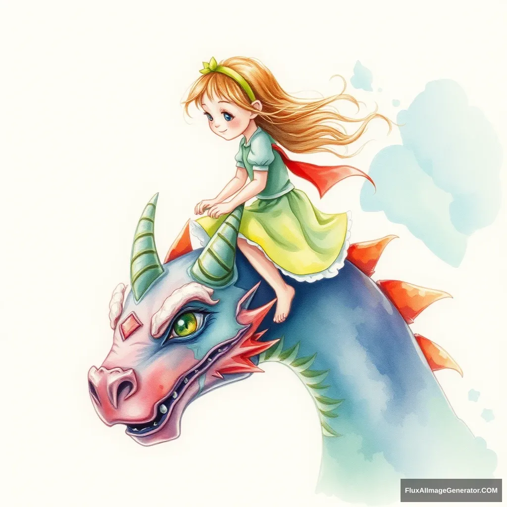 Watercolor painting, a little girl riding on the dragon's head. - Image