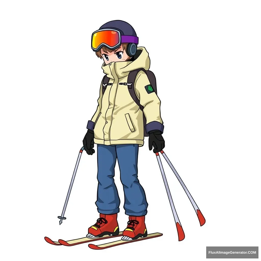 Character wearing ski equipment, standing with both skis in the right hand. Character looking down. - Image