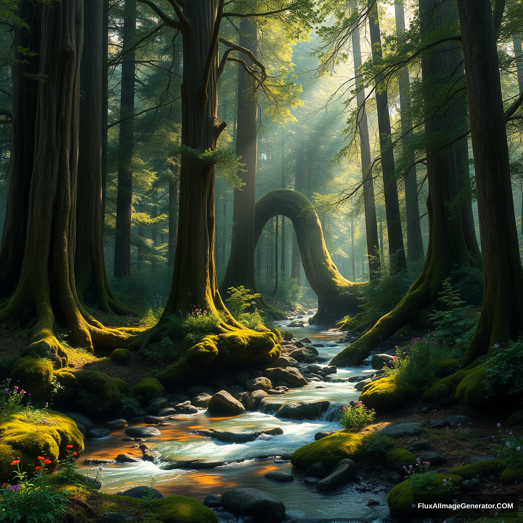 A magical forest with tall, ancient trees and a clear, gurgling stream flowing out of it. The sunlight filters through the dense foliage, creating a dappled effect on the forest floor. Moss covers the rocks along the stream's banks, and colorful wildflowers dot the landscape. --ar 16:9 --v 5