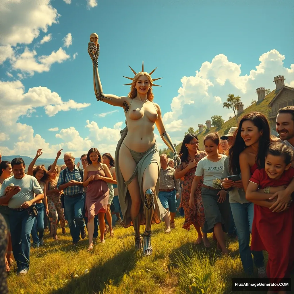 A powerful and inspiring image depicting the concept of freedom and food sovereignty. In the foreground, a goddess symbolizing freedom leads the people towards a bright future, reminiscent of the iconic painting 'Liberty Leading the People.' The nude lady appears mostly human, with only about 10% of her body showing robotic elements, such as a mechanical arm or eye. She is surrounded by families and individuals who are joyous and supportive, embracing and helping each other. The scene is vibrant and full of hope, capturing the essence of unity, progress, and decentralized, family-based agricultural production. - Image