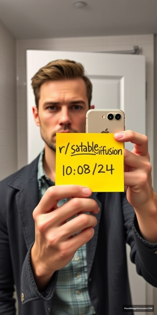 Man in a meticulously detailed bathroom, capturing a mirror selfie with the latest iPhone. He's holding a vibrant yellow post-it note displaying "r/stablediffusion" and "10/08/24". Hyper-realistic style with precise lighting, reflections, and textures. Verification-style composition, natural color palette. Subtle tension in expression, modern tech-savvy atmosphere.