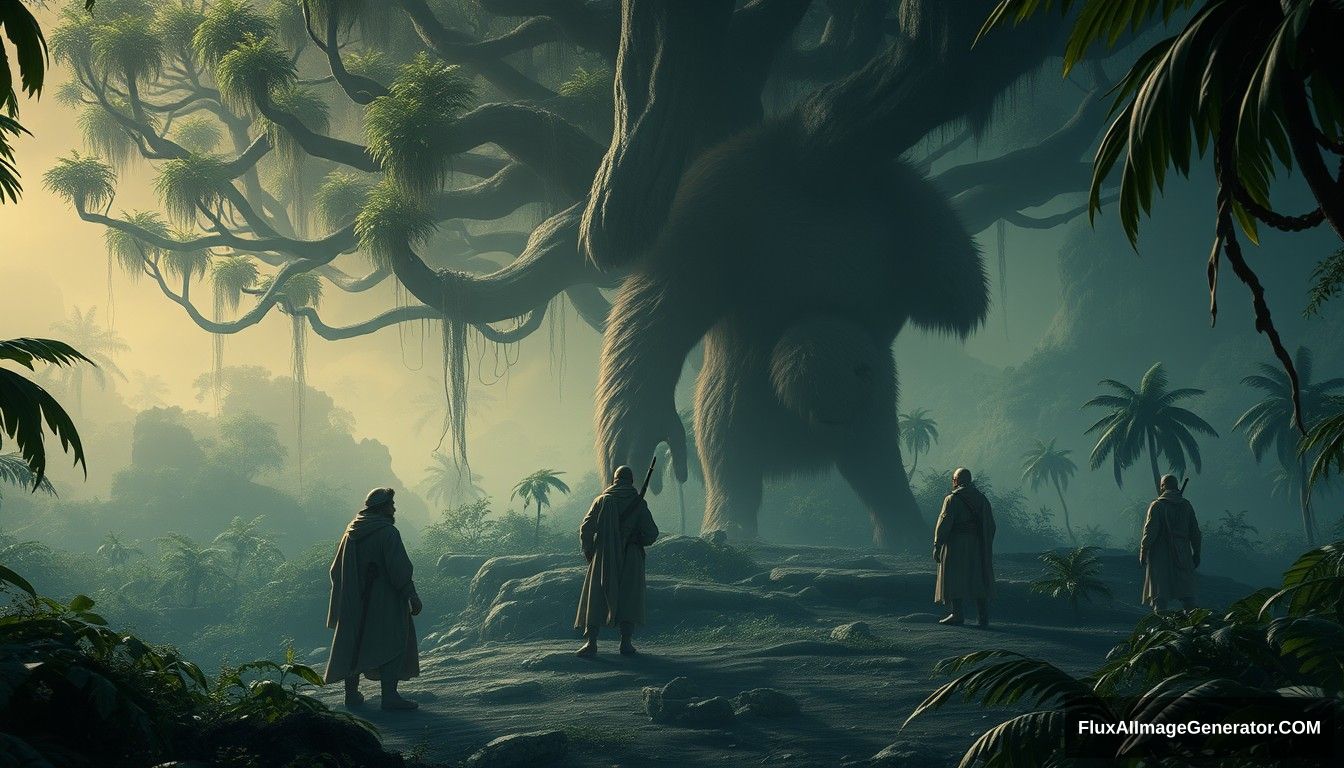 An eerie, desolate island with dense foliage. Tamim and his companions encountering Al-Jassasah, a mysterious, large, furry creature with indistinguishable front and back, amidst the jungle. Ultra HD, realistic, fantasy-like, with atmospheric and cinematic lighting.