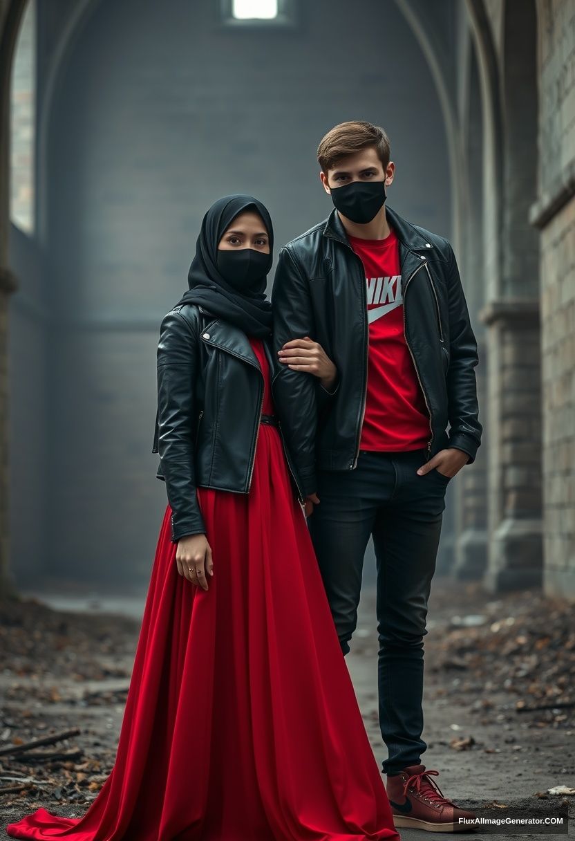 A biggest black hijab girl, beautiful eyes, face mask black, black leather jacket, biggest red longest dress, not tall, standing near him and love, holding his arm,

Jamie Dornan, handsome, youngest, face mask black, fit and tough body, Nike red t-shirt, black leather jacket, jeans, red sneakers, tall man, standing near her

Hyper realistic, photorealistic, studio photography, Victoria's abandoned castle, gloomy. - Image