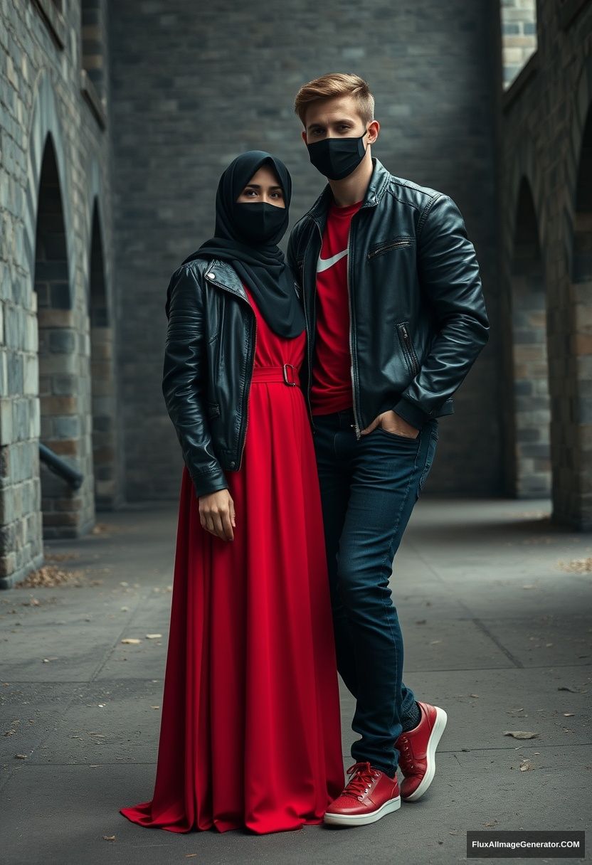 A biggest black hijab girl, beautiful eyes, face mask black, black leather jacket, biggest red longest dress, not tall, standing near him and love, love couple 

Jamie Dornan, handsome, youngest, face mask black, fit and tough body, Nike red t-shirt, black leather jacket, jeans, red sneakers, tall man, leaning against the wall, love couple 

Hyper realistic, photorealistic, studio photography, Victoria's abandoned castle, gloomy.