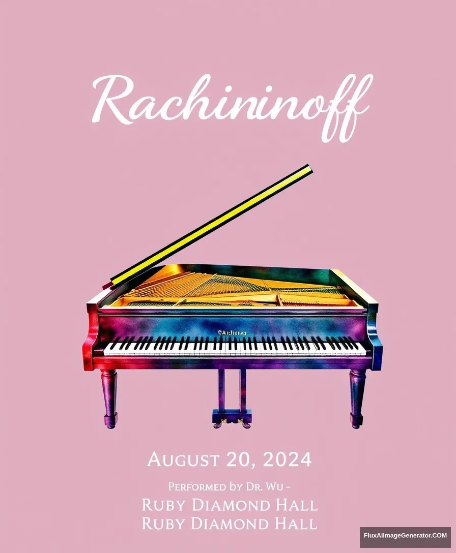 Title: "Rachmaninoff" displayed at the top center

include the following texts line by line on the bottom of the poster:
“7:00 PM August 20, 2024”
“Performed by Dr. Wu”
“Ruby Diamond Hall”

Visual Elements: A grand piano centered at the bottom with minimal vigorous colors watercolor style.