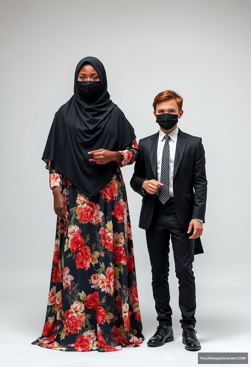 A big black hijab girl with beautiful eyes, a black face mask, wearing the longest floral dress, not tall, standing and holding his arm.

Jamie Dornan, the youngest, in a black suit coat, white shirt, grey patterned tie, black leather sneakers, a tall man with a black face mask, fit and tough body, standing near her.

Hyper-realistic, studio photography.