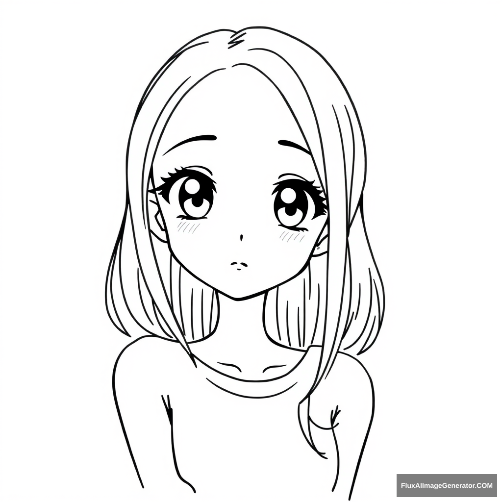 Neat and simple line art character drawing. Anime girl. Shapely. Very beautiful. Simple eyes.