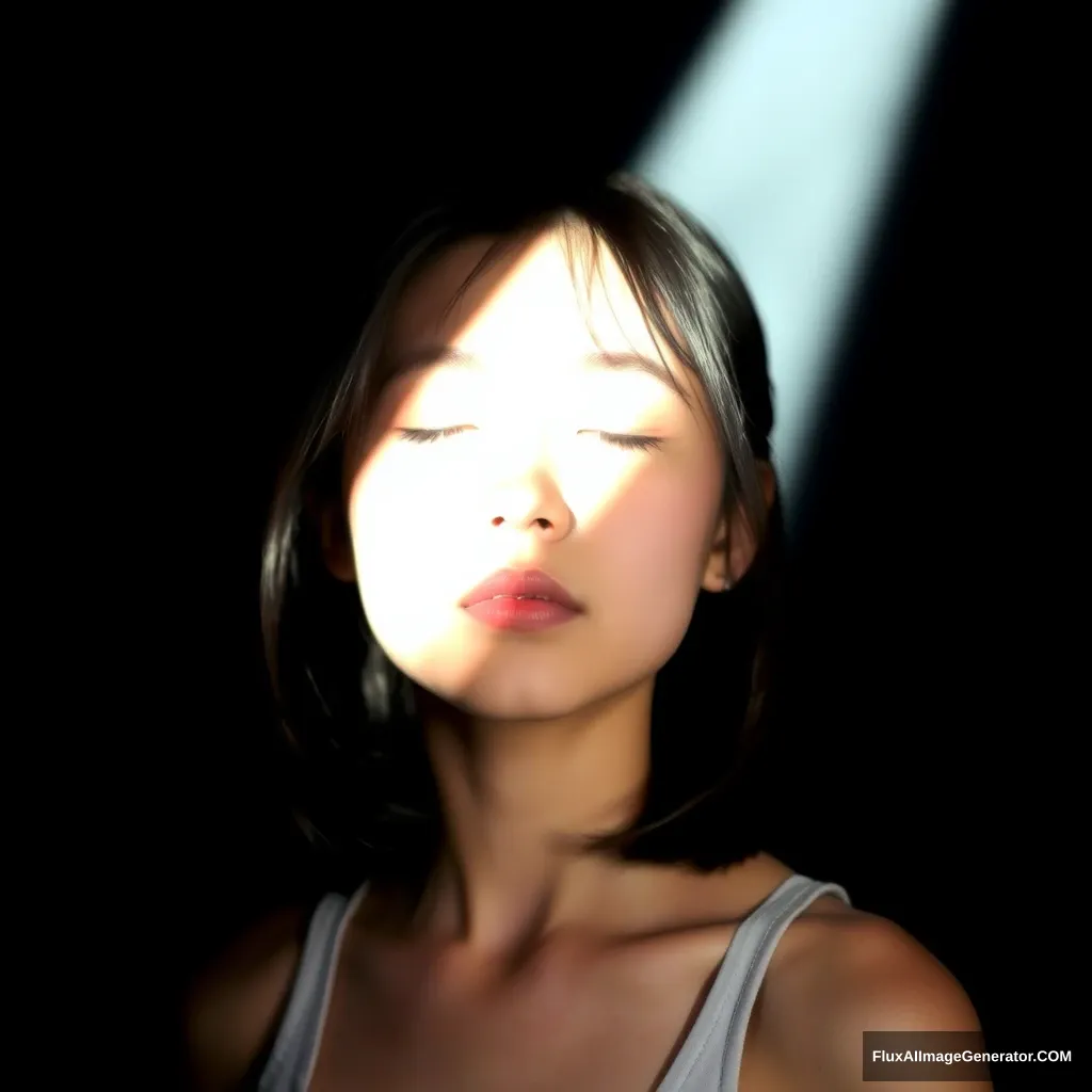 Background: Black background and a beam of light overhead, soft lighting. Light focused on the girl's face, a 21-year-old girl, Asian face. The girl was wearing a tank top. 4k. She closed her eyes and pondered love.