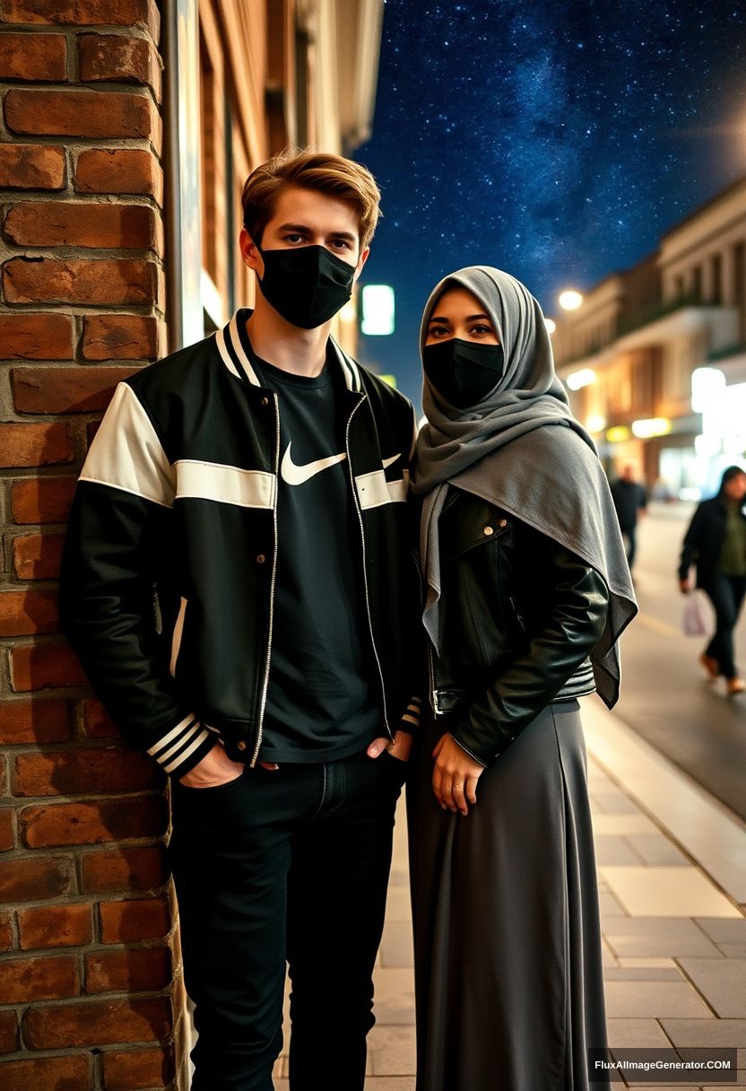 Jamie Dornan, youngest, black face mask, collage jacket, Nike t-shirt, jeans, tall man, fit body,

Dating, love with the biggest grey hijab Muslim girl, beautiful eyes, black face mask, leather jacket, biggest longest skirt, slim untall girl,

standing at a brick wall, in town, night scenery, Milky Way, hyper-realistic, photorealistic, street photography. - Image