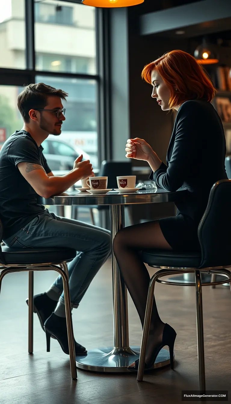 Cinematic Style. A woman and a man are sitting at a table in a bar, having a coffee. The woman is in her mid-30s, has red hair, her mouth is closed, and she is wearing business attire, black pantyhose, and open-toe high heels. She looks at the man with superiority. The man is a 20-year-old shy, skinny man, with glasses, wearing jeans and a T-shirt. The shot is from the side, from a distance of at least 5 meters, so their figures are clearly visible. The woman is looking at the man. The table has one leg in the middle, metallic. The woman and the man are sitting on opposite sides, facing each other. The man is looking down at the table. The woman is looking at the man | Cinematic | worm's eye view.