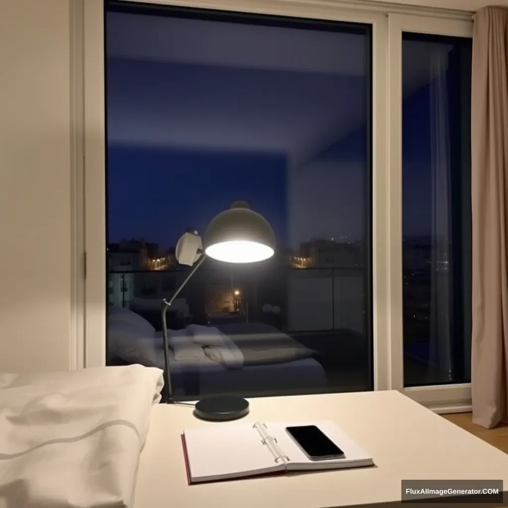 Modern bedroom apartment, big glass window, midnight in France, a study lamp lighting, a notebook and phone on a study desk.