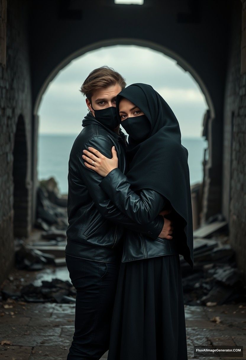 Jamie Dornan's head and body shot, handsome, youngest, face mask black, black leather jacket, dating, love hug with the biggest black hijab Muslim girl, not tall, beautiful eyes, face mask, maroon leather jacket, biggest black skirt, hyper-realistic, studio photography, full body photo, explore at abandoned castle, at sea, gloomy scenery.