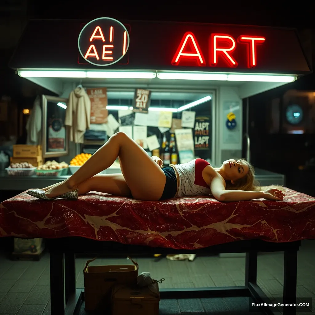 A woman lay on the butcher table, shoes, night, neo. The sign said: "AI ART." - Image