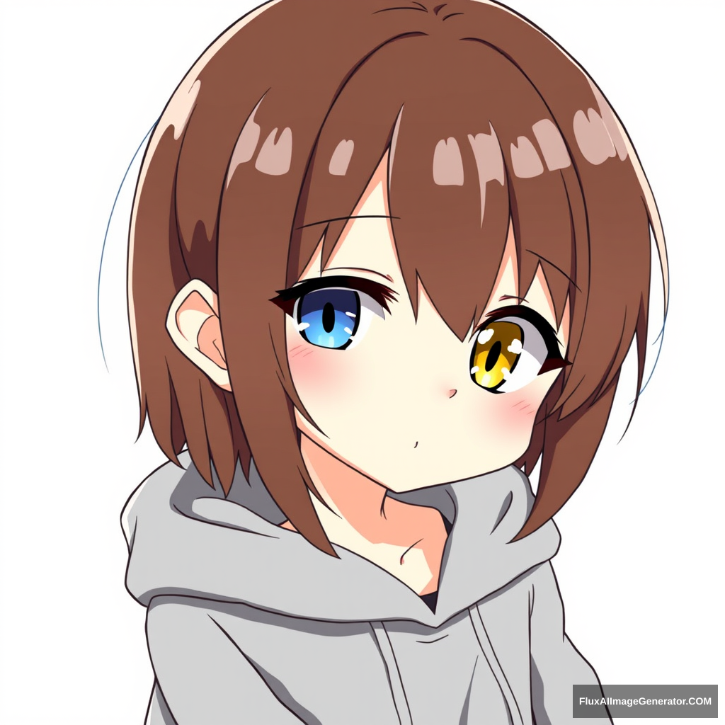 One anime girl with a blue left eye and a yellow right eye, and brown hair. She looks cute and is short, wearing a gray hoodie and a black skirt.