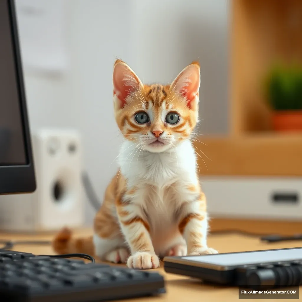 A little cat is sitting at the computer desk working.